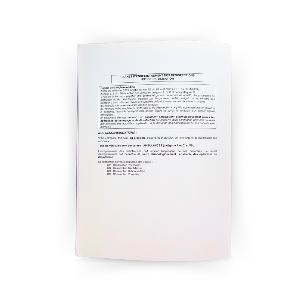 Carnet de fiches d'entretien et désinfection, 26 page