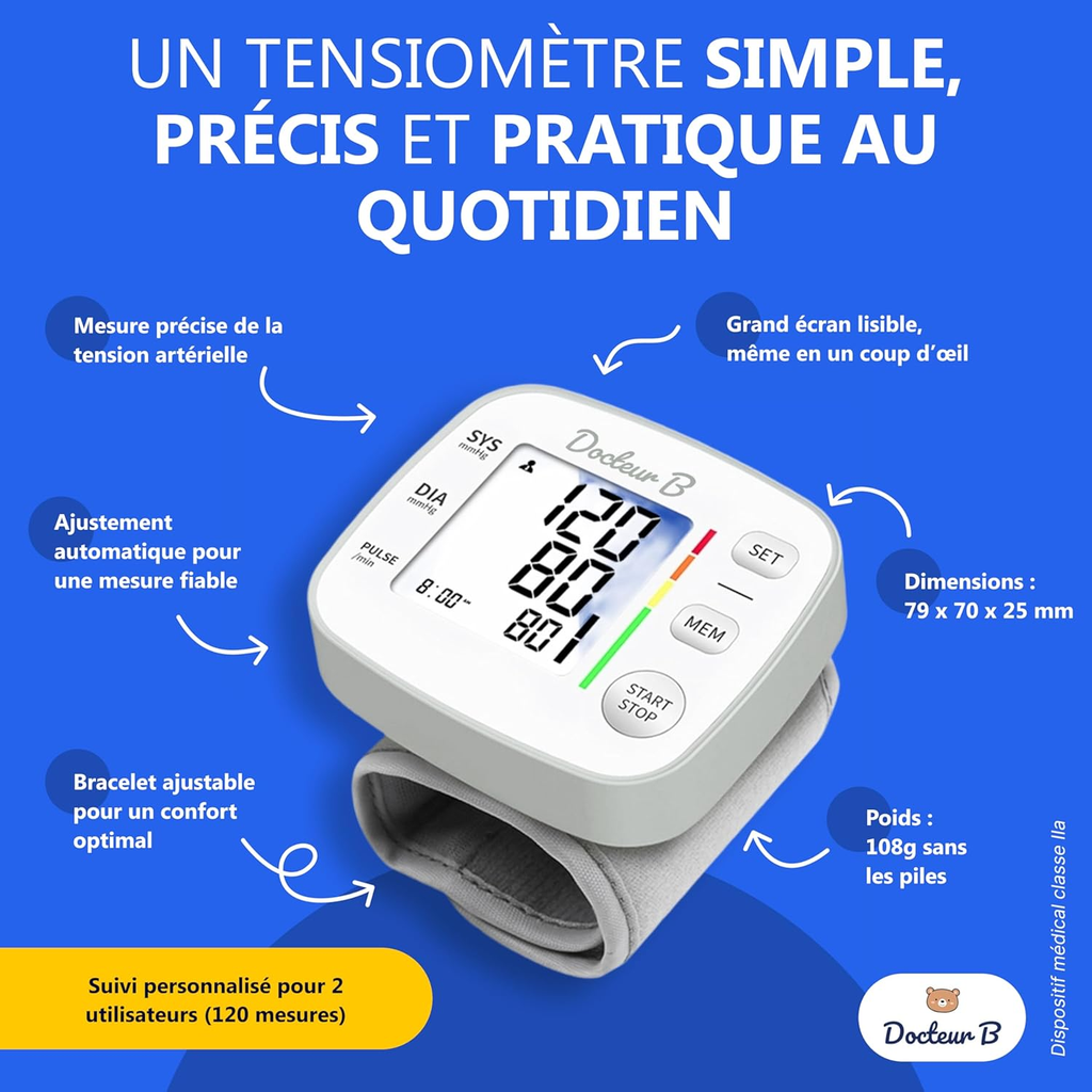 Tensiomètre électronique de poignet avec lecture d'arythmie