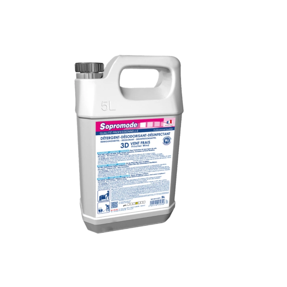 Bidon de 5 litres à diluer, détergent et désinfectant de sol et surface parfum vent frais