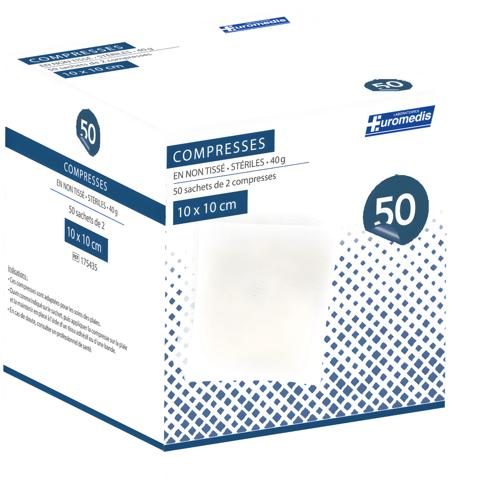 Compresses stériles 10x10cm NT 40g, boîte de 50 sachets de 2