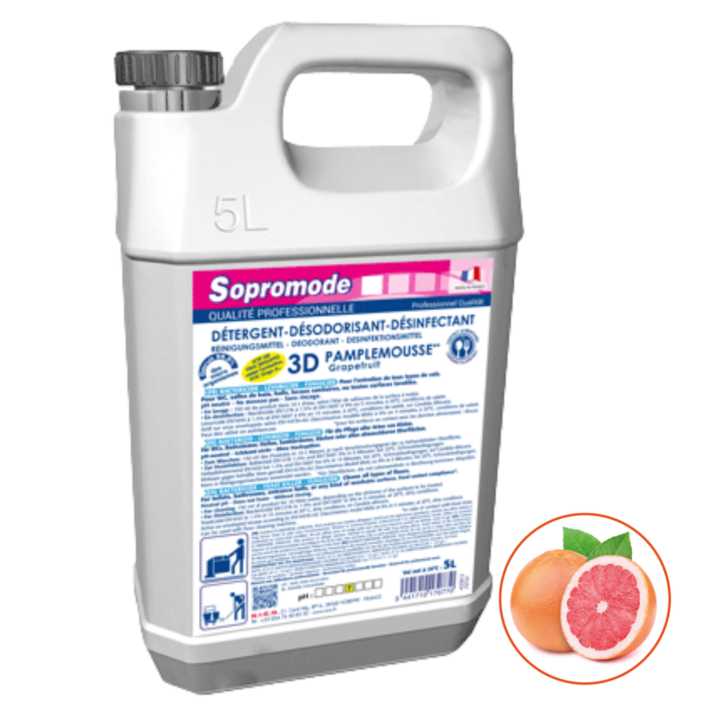 Bidon de 5 litres à diluer, détergent et désinfectant de sol et surface parfum pamplemousse