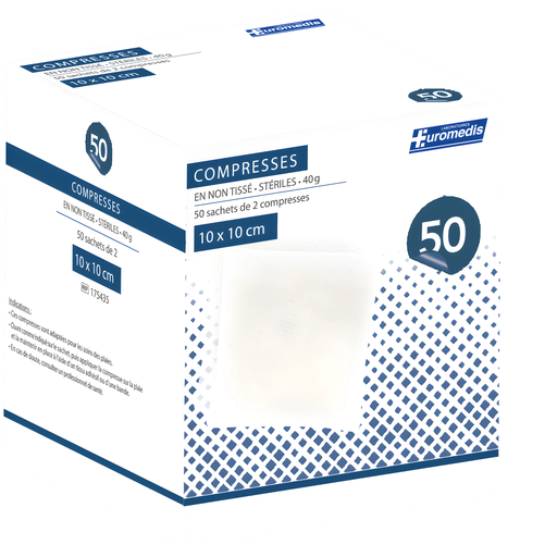 [ERM-C10] Compresses stériles 10x10cm NT 40g, boîte de 50 sachets de 2